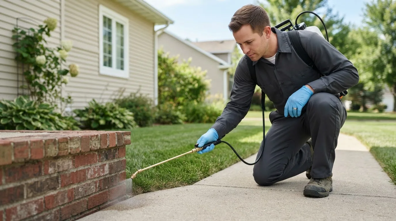 Pest control technician treating a home near Sebec, ME